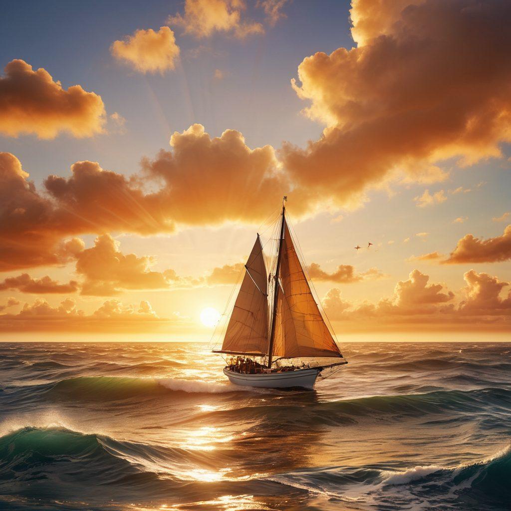 A serene maritime scene showcasing a sturdy sailboat navigating through gentle waves, with a background of a setting sun casting golden hues over the horizon. Include elements like a compass and nautical charts subtly blended into the water, symbolizing guidance and navigation through risks. Overlay faint icons of maritime insurance paperwork in the clouds, representing safety and security. The overall ambiance should evoke tranquility and adventure. super-realistic. vibrant colors. 3D.