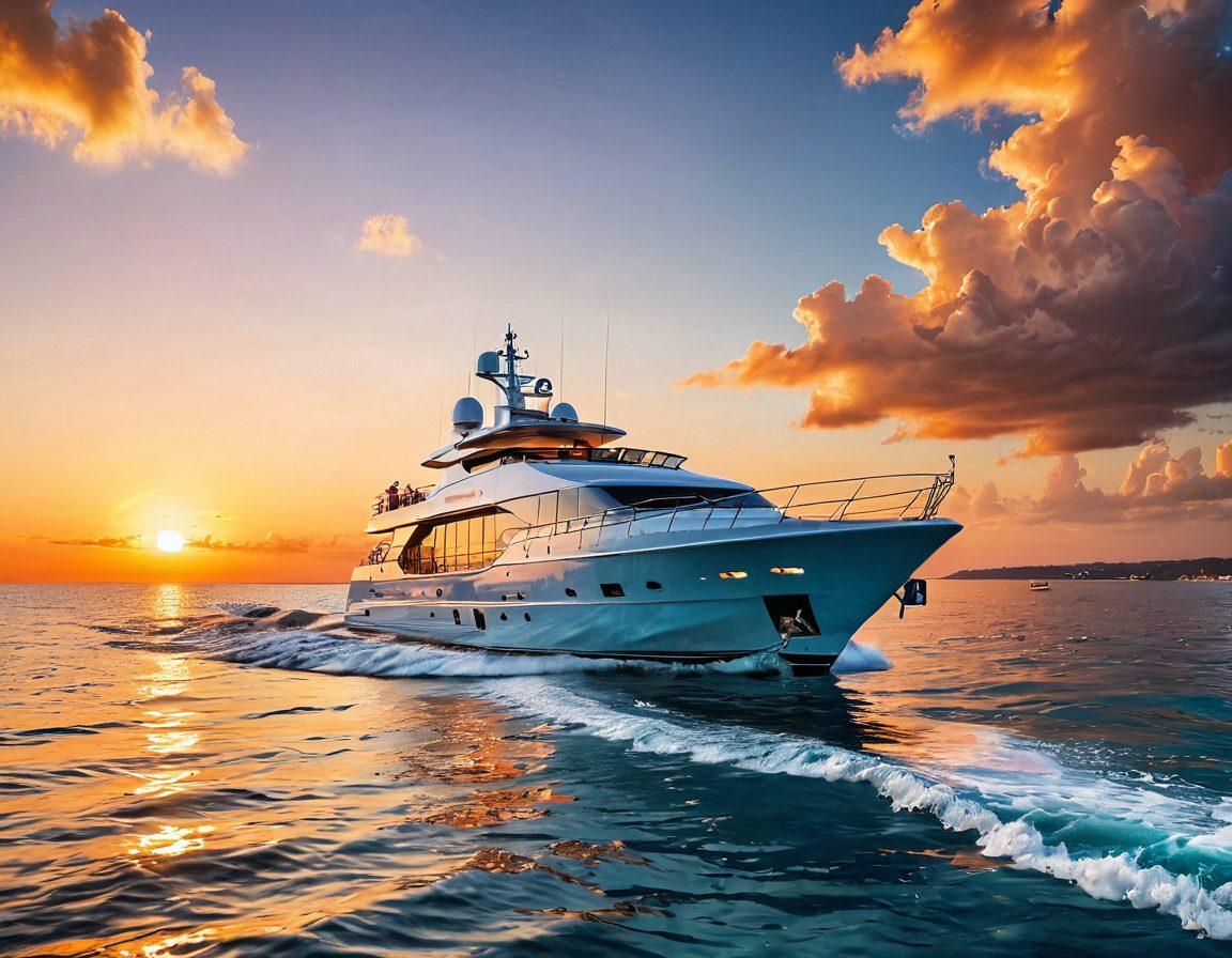 A luxurious yacht navigating through calm, azure waters with a soft sunset in the background. Surrounding elements include specific nautical symbols like lifebuoys and anchor icons, representing safety and protection. The scene includes huddled people discussing insurance plans onboard, showcasing a sense of community and security around yachting. Emphasize a vibrant color palette and realistic reflections in the water. super-realistic. vibrant colors. sunset backdrop.