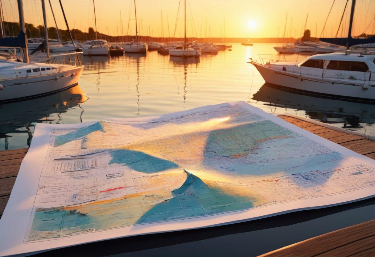 A serene marina with diverse yachts and boats anchored against a vibrant sunset, waves gently lapping at the hulls. In the foreground, a sailor studying a detailed map, surrounded by various insurance documents, symbolizing navigation and protection at sea. Include elements like a compass and a life preserver to convey safety. super-realistic. vibrant colors. 3D.